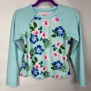 Miken Girls Tropical Flowers Rashguard Top Size XL 18-20 Blue Pink Long Sleeve
